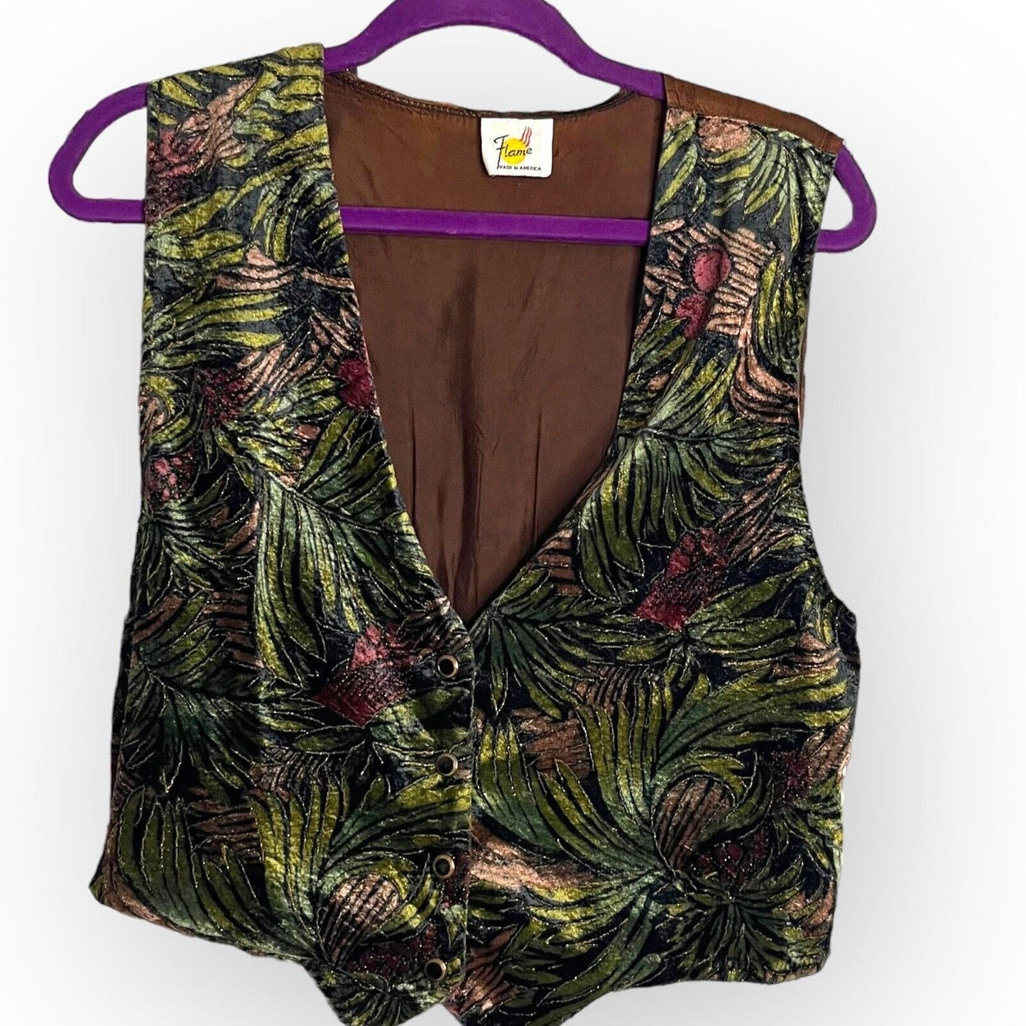 Vintage Flame Women's Multicolored Vest Size Medium Velvet Button Front Floral