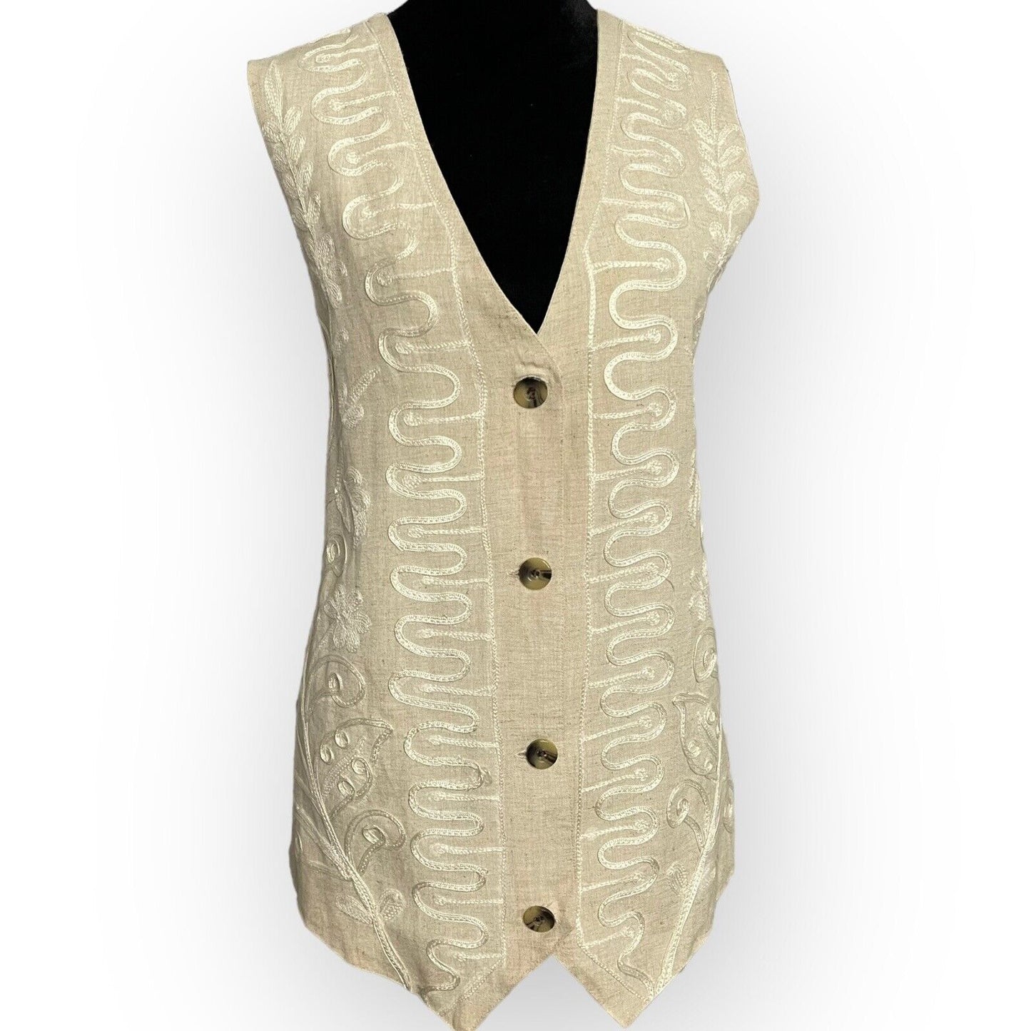 Vintage Carol Horn Workshop Womens Beige Vest Size Large Embroidered Linen Blend