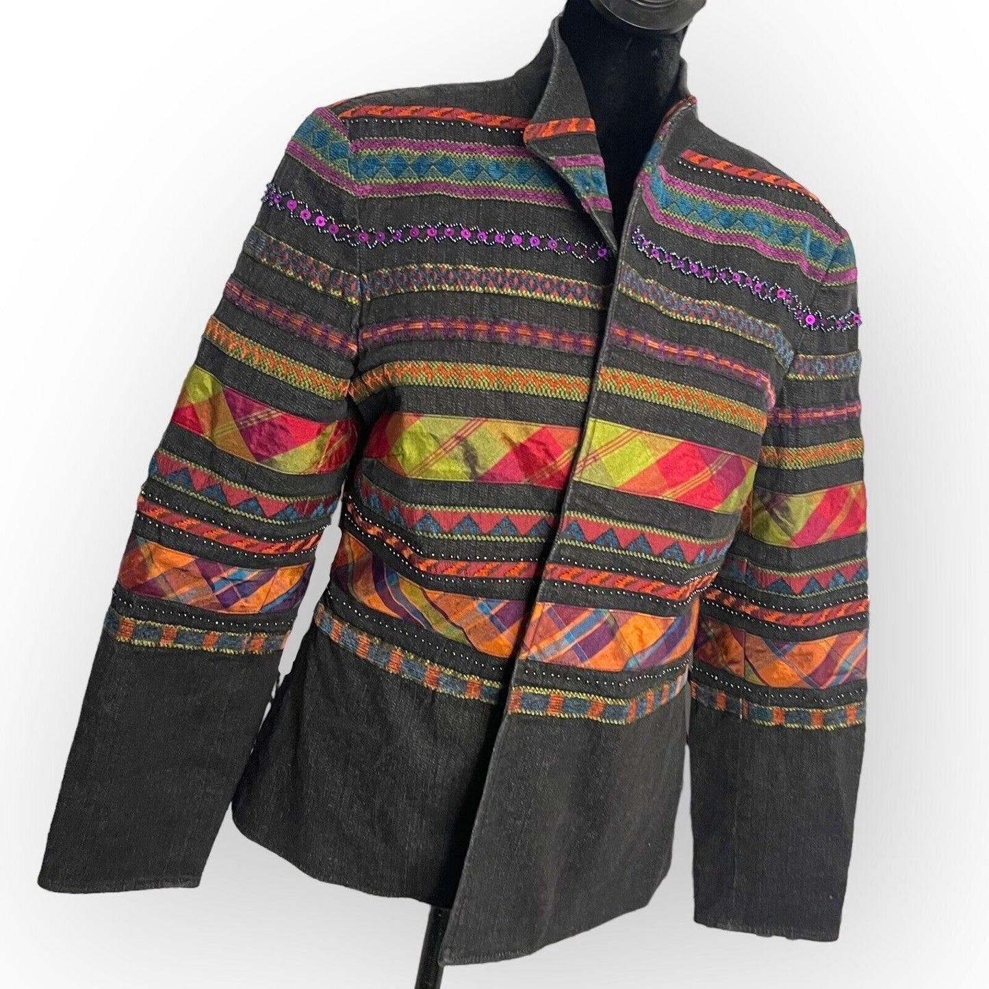 Coldwater Creek Womens Multicolored Jean Jacket Size 10 Artsy Southwestern Lined