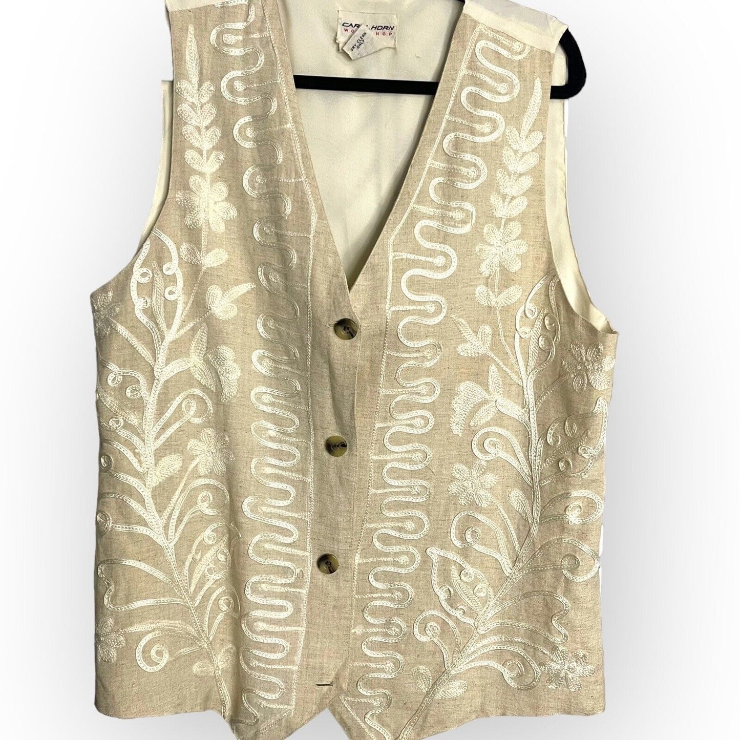Vintage Carol Horn Workshop Womens Beige Vest Size Large Embroidered Linen Blend