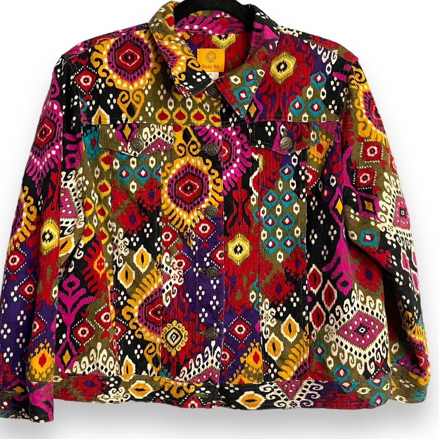Ruby Rd Button Front Denim Jacket Women's 14 Multicolor All Over Print Y2K Retro