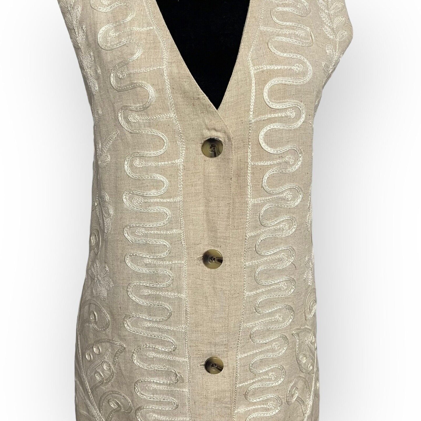 Vintage Carol Horn Workshop Womens Beige Vest Size Large Embroidered Linen Blend