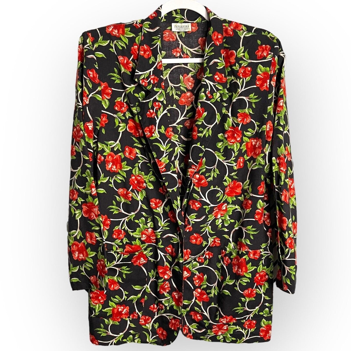 Grand Nouveau Womens Black Red Blazer Jacket Size Large Floral Pockets Button