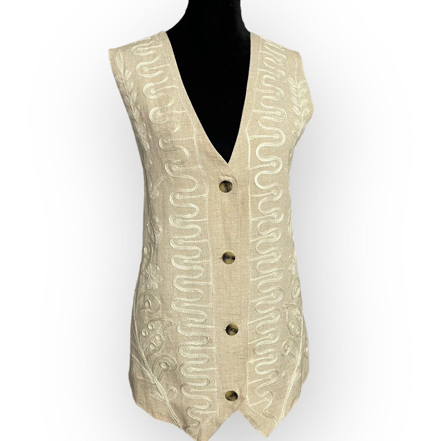 Vintage Carol Horn Workshop Womens Beige Vest Size Large Embroidered Linen Blend