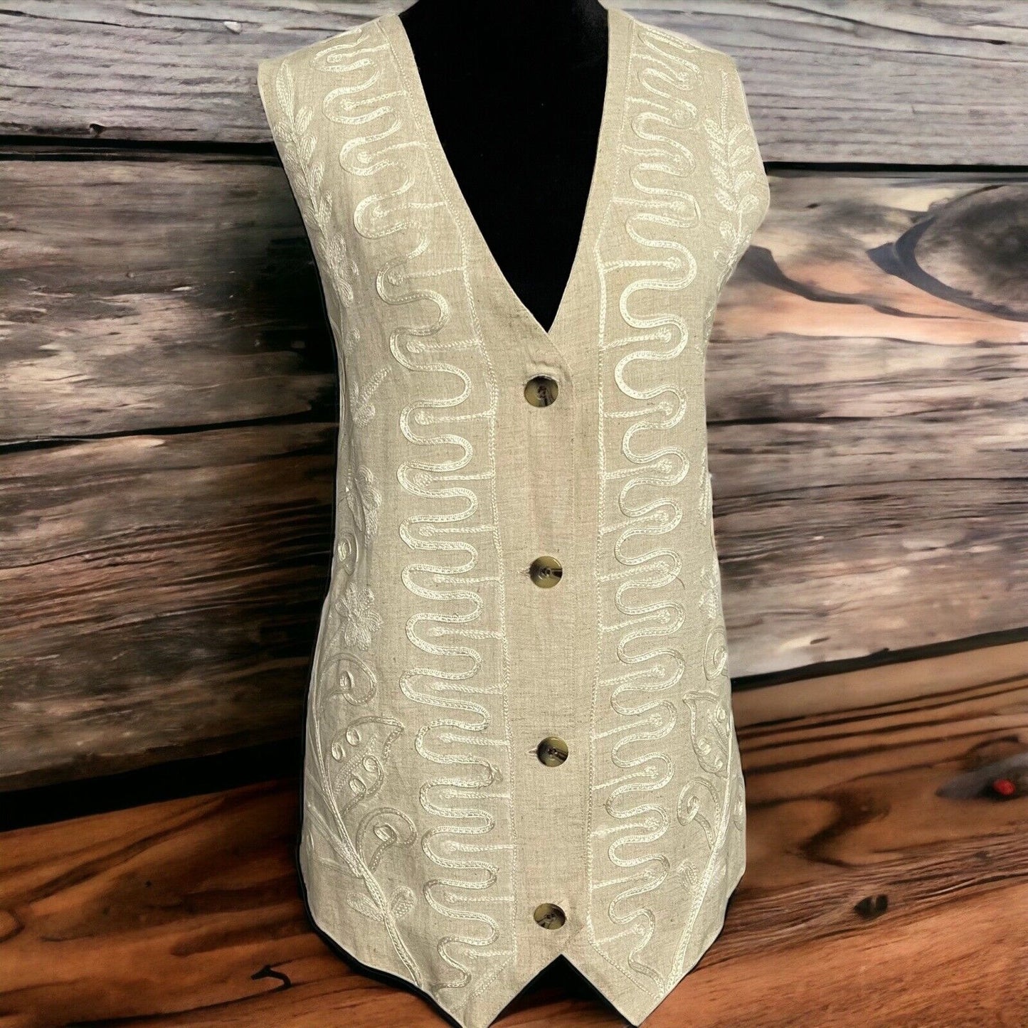 Vintage Carol Horn Workshop Womens Beige Vest Size Large Embroidered Linen Blend