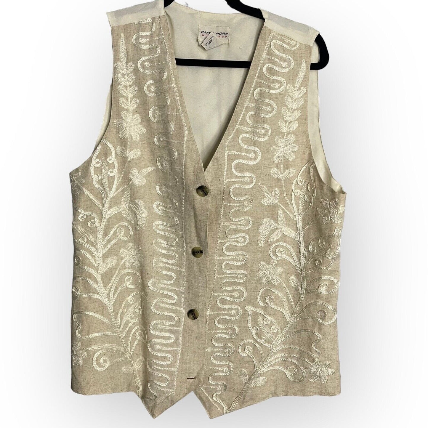 Vintage Carol Horn Workshop Womens Beige Vest Size Large Embroidered Linen Blend