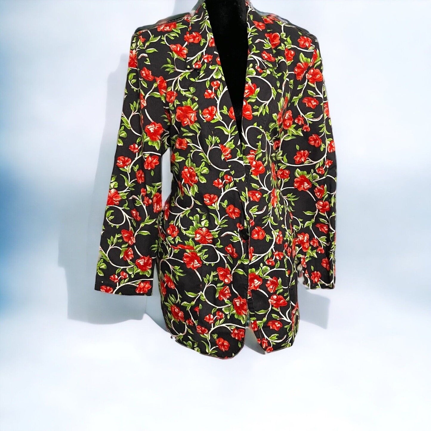 Grand Nouveau Womens Black Red Blazer Jacket Size Large Floral Pockets Button