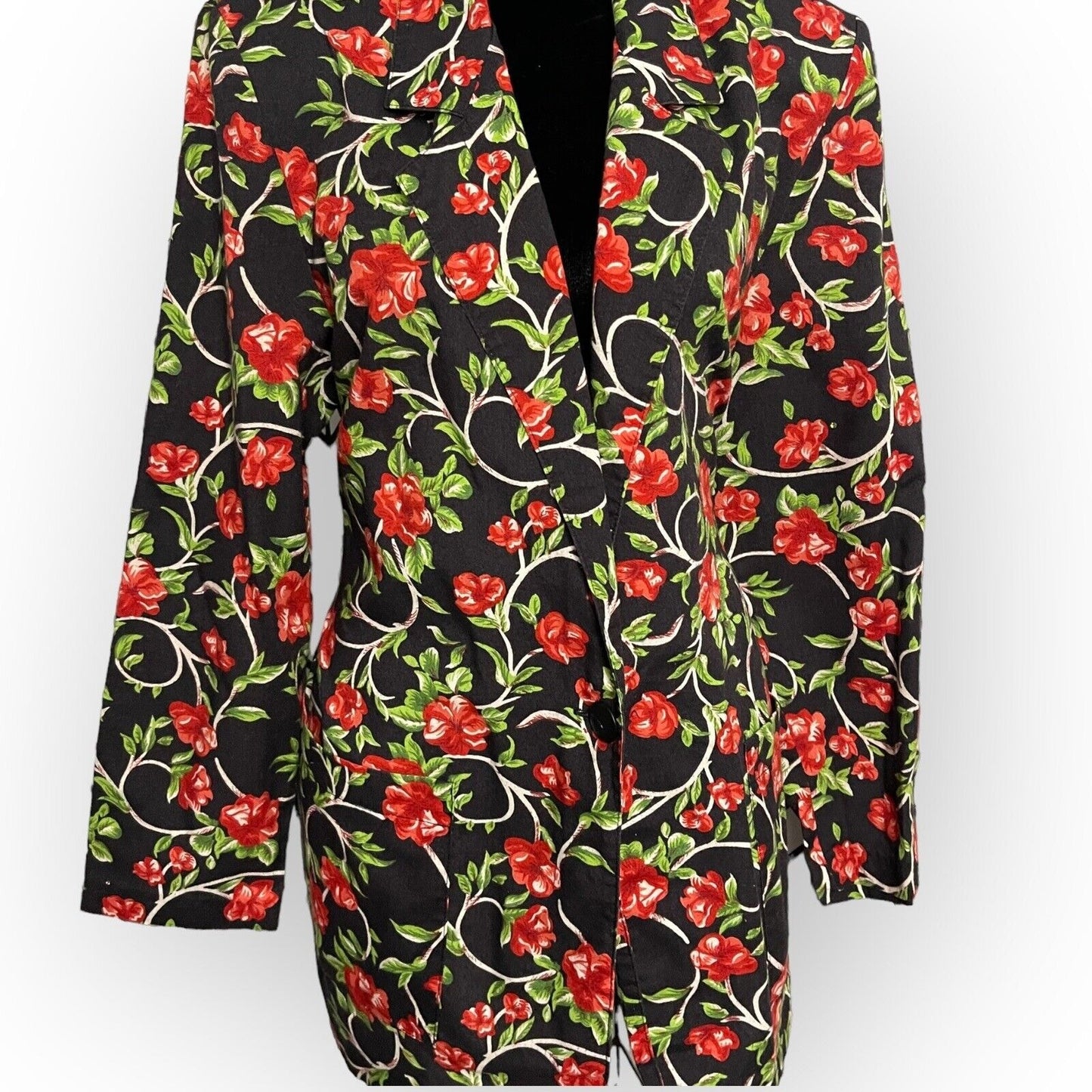 Grand Nouveau Womens Black Red Blazer Jacket Size Large Floral Pockets Button