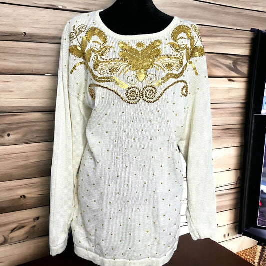 Vintage Trimmings Womens Ivory Pullover Sweater Size Large Sequins Beaded Casual