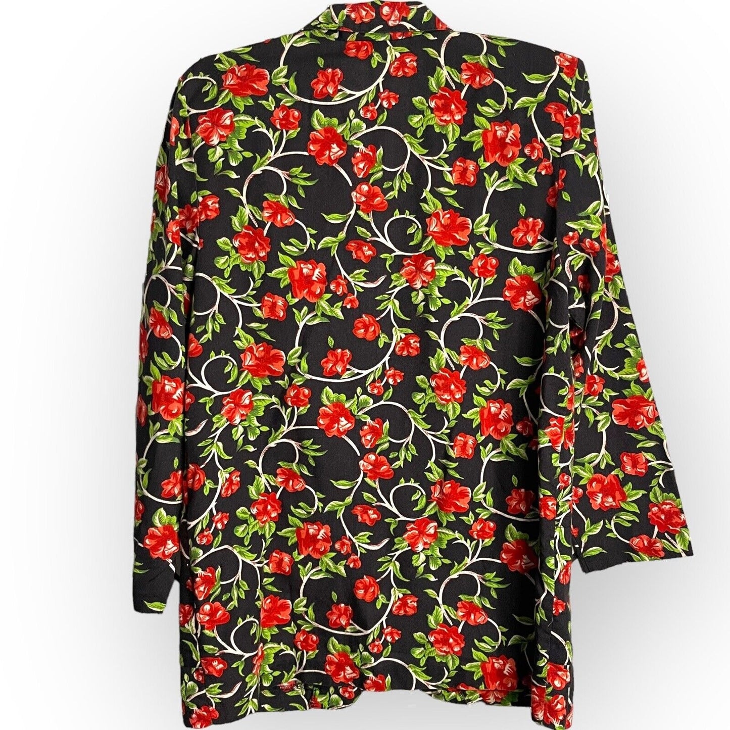 Grand Nouveau Womens Black Red Blazer Jacket Size Large Floral Pockets Button