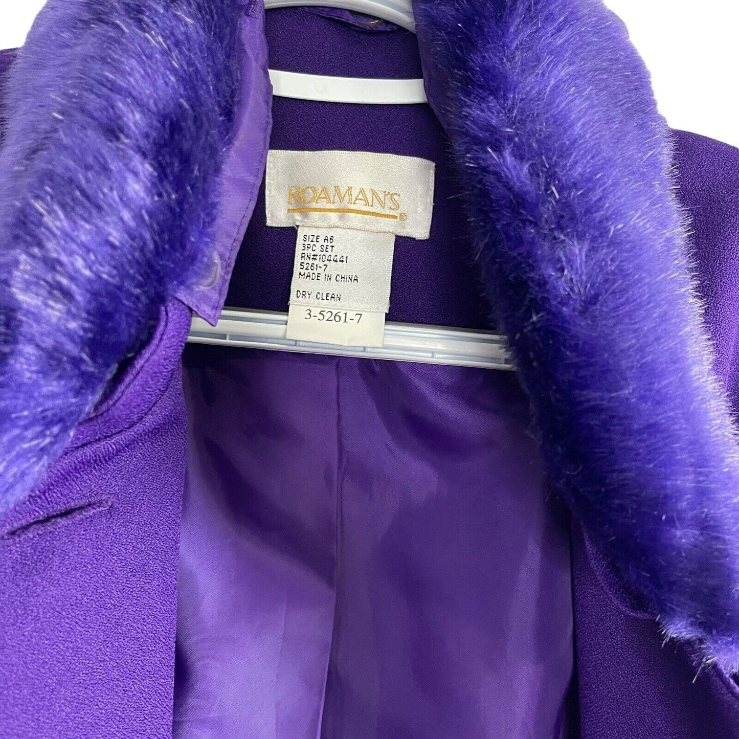 Roamans Women Purple Three-Piece Pants Skirt Suit Trench Jacket Size XL Faux Fur