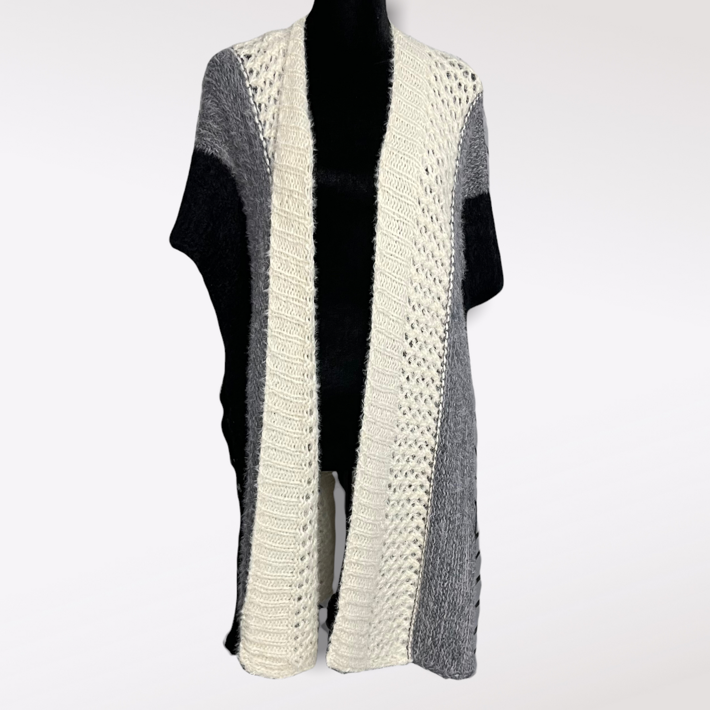 Black Gray And Cream Crochet Knit Knee Length Cardigan ONE SIZE