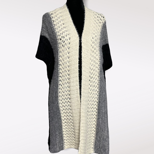 Black Gray And Cream Crochet Knit Knee Length Cardigan ONE SIZE