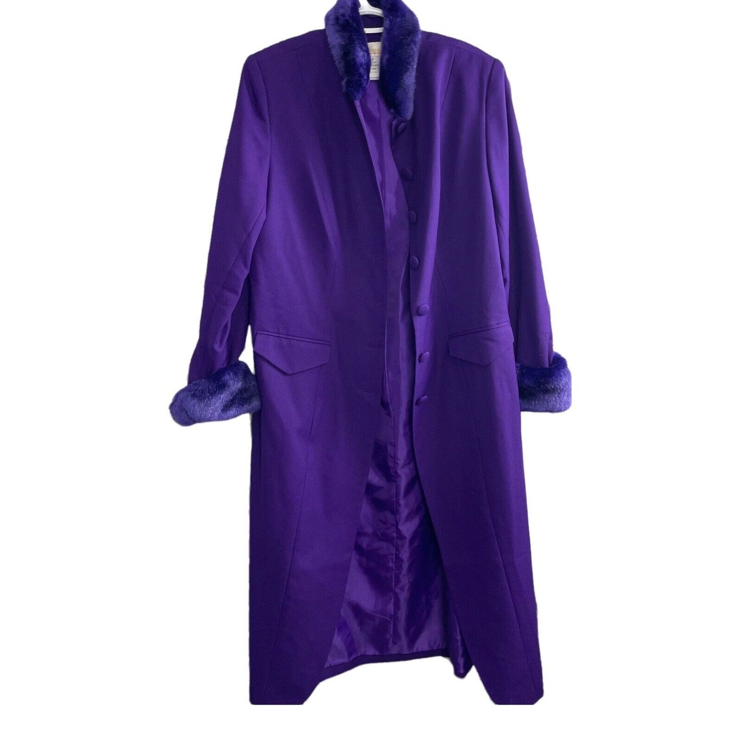 Roamans Women Purple Three-Piece Pants Skirt Suit Trench Jacket Size XL Faux Fur