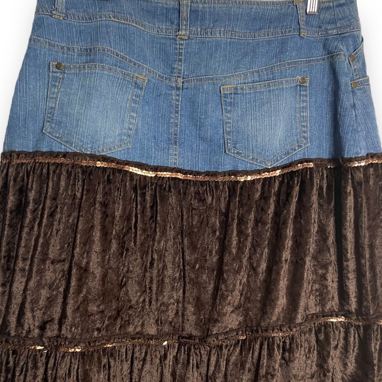 East Of LA Tiered Maxi Skirt Womens 14W Denim Blue Velvet Brown Sequins Boho Zip