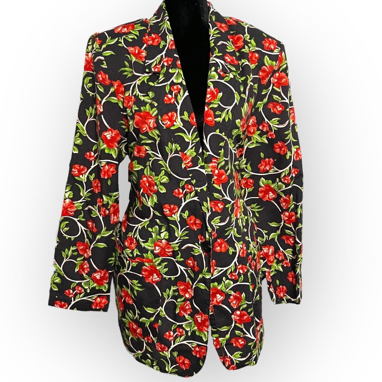 Grand Nouveau Womens Black Red Blazer Jacket Size Large Floral Pockets Button
