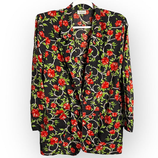 Grand Nouveau Womens Black Red Blazer Jacket Size Large Floral Pockets Button