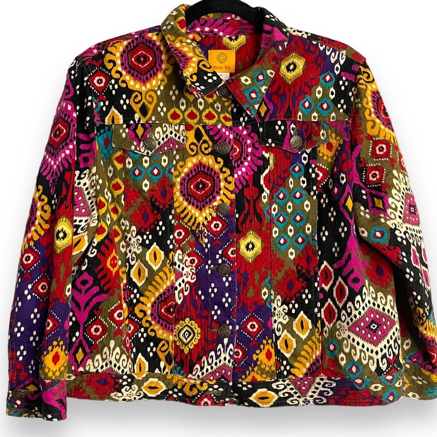 Ruby Rd Button Front Denim Jacket Women's 14 Multicolor All Over Print Y2K Retro
