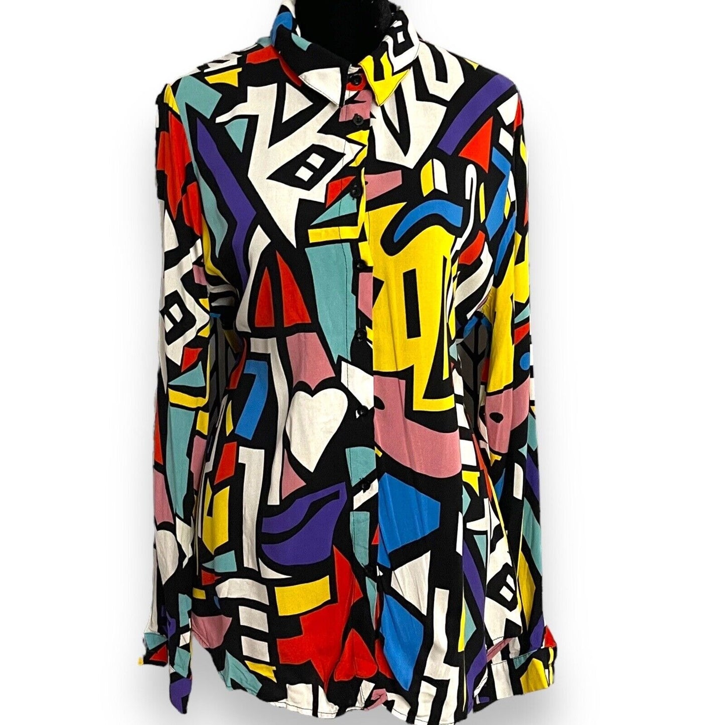 Big Dart Button Up Shirt Women's Large Multicolored Abstract Artsy Retro Top 90s