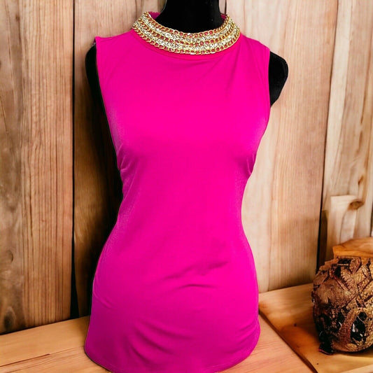 Moa Moa Women's Pink Sleeveless Blouse Size Medium Chain Rhinestone Neck Stretch