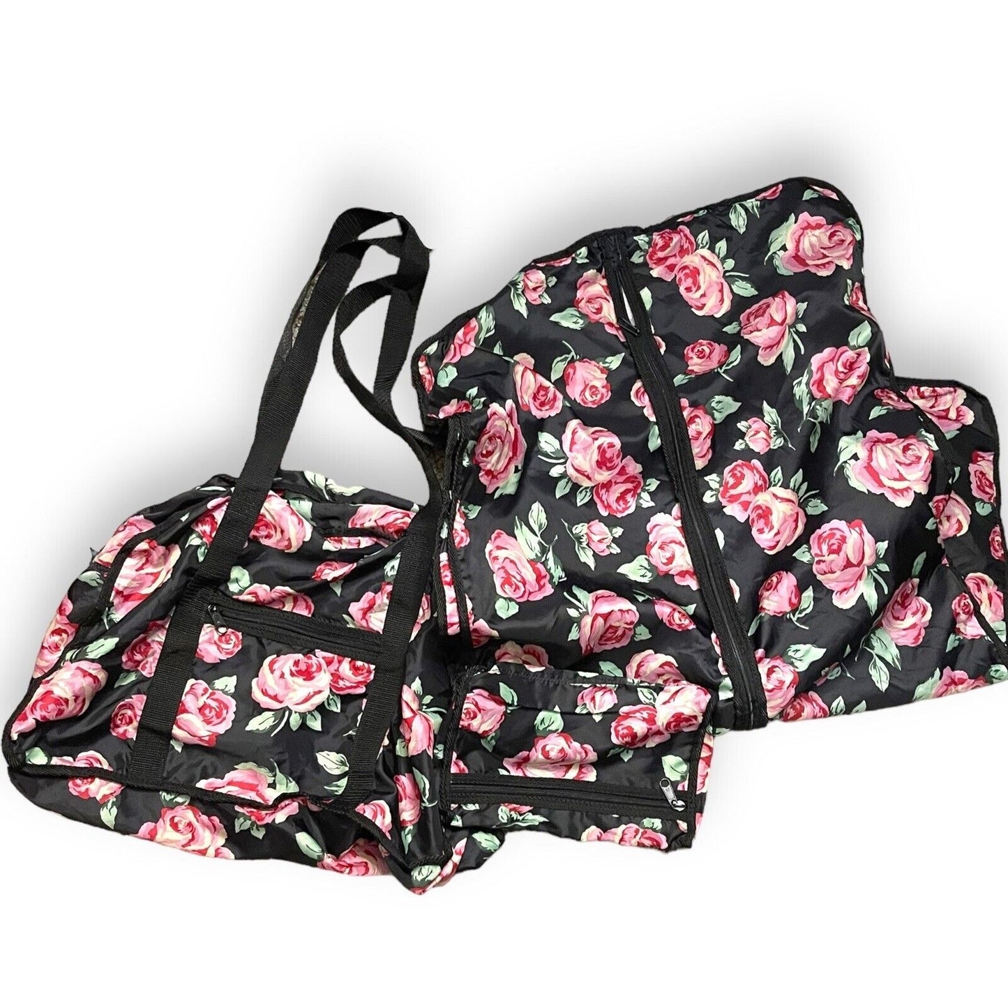 Avon 3 Piece Travel Set Women's Black Floral Duffle Garment Makeup Bag 90's VTG