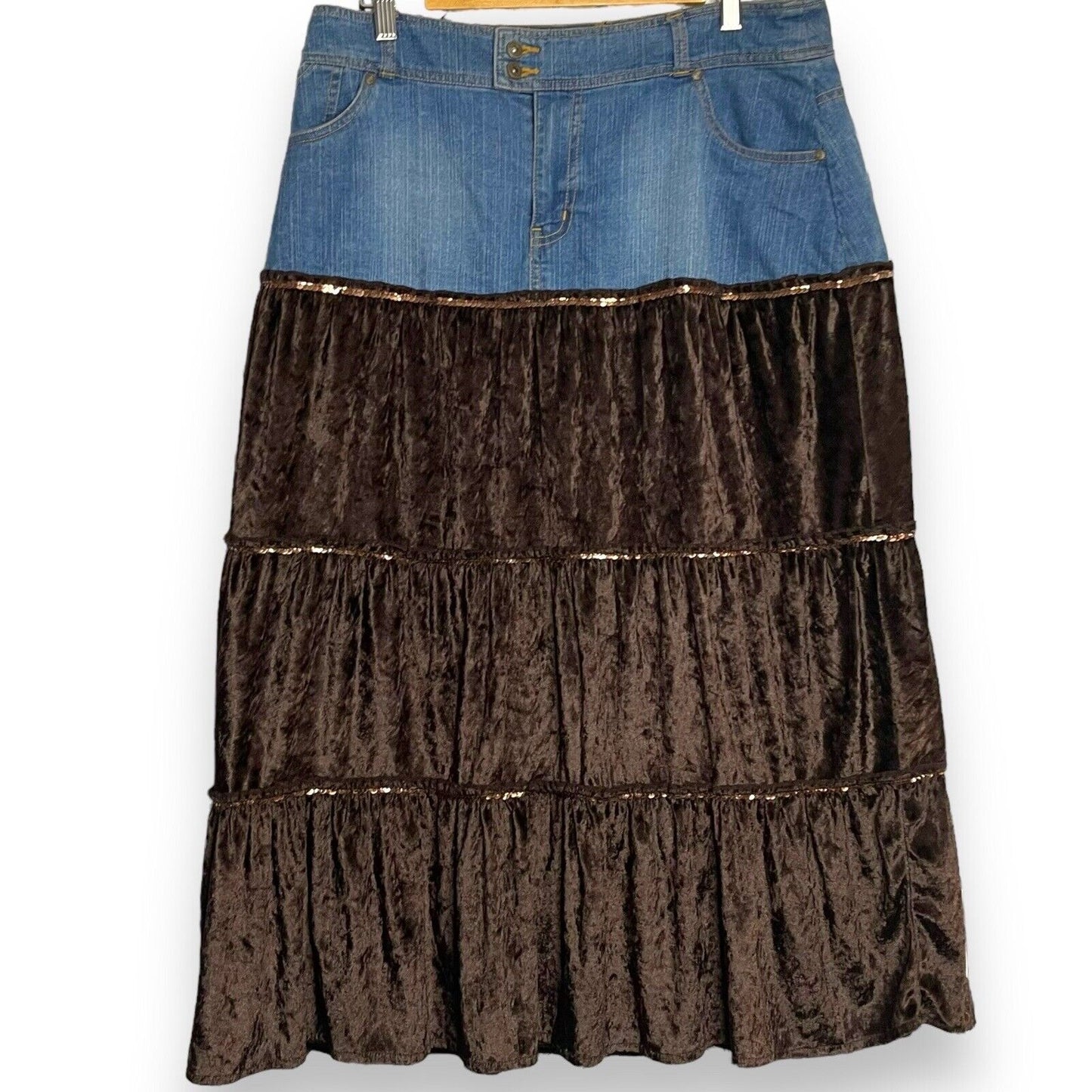 East Of LA Tiered Maxi Skirt Womens 14W Denim Blue Velvet Brown Sequins Boho Zip