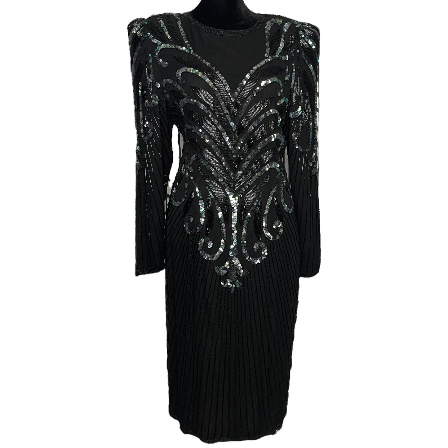 Vintage AJ Bari Women's Black Long Sleeve Dress Medium Silk Elegant Great Gatsby