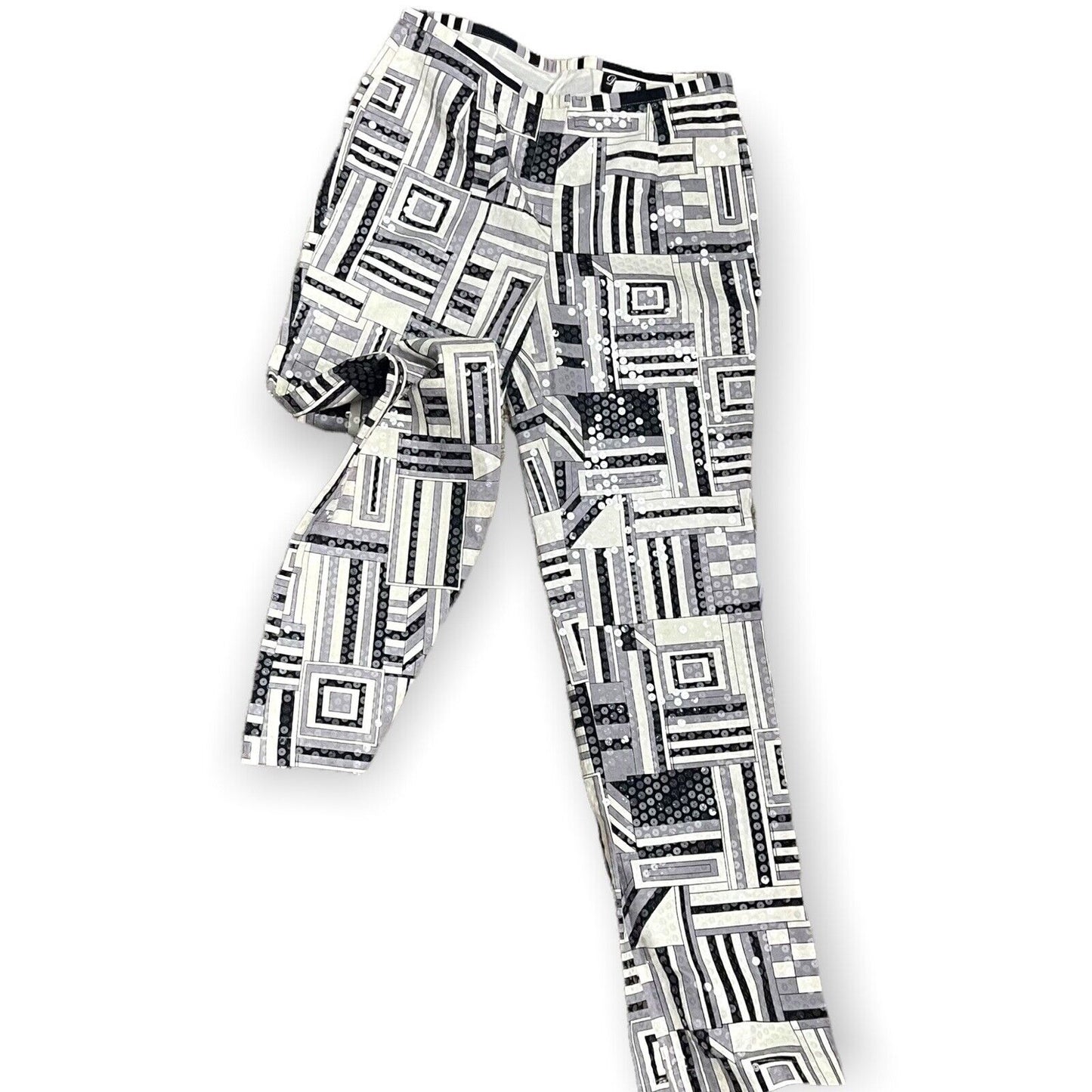 Vintage Domallo Womens Black White Geometric Print Sequin Pants Size 10 Y2K Art