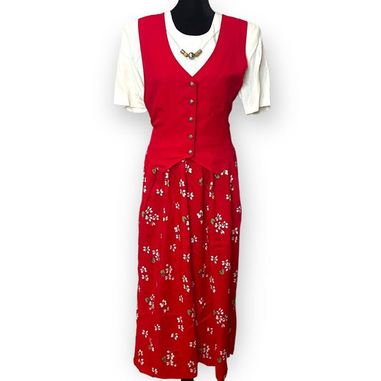 Jenny Womens Red Cottagecore Short Sleeve Dress Size 10 Casual Floral Print Vest