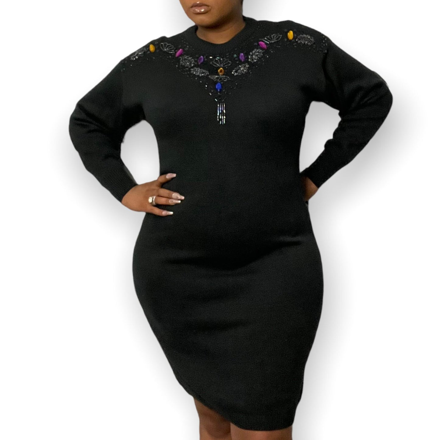 PHR Basics By Southern Classics Black Sweater Dress Size Medium Embellished Bead