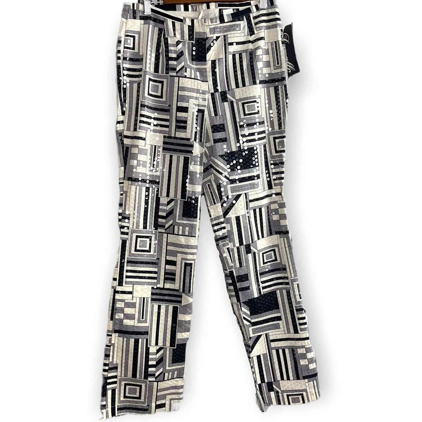 Vintage Domallo Womens Black White Geometric Print Sequin Pants Size 10 Y2K Art