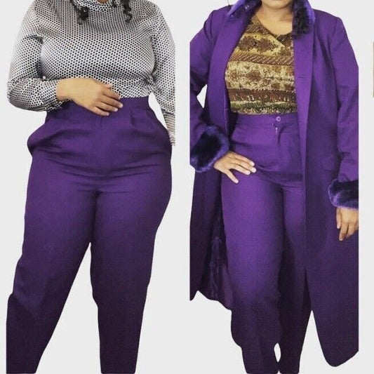 Roamans Women Purple Three-Piece Pants Skirt Suit Trench Jacket Size XL Faux Fur